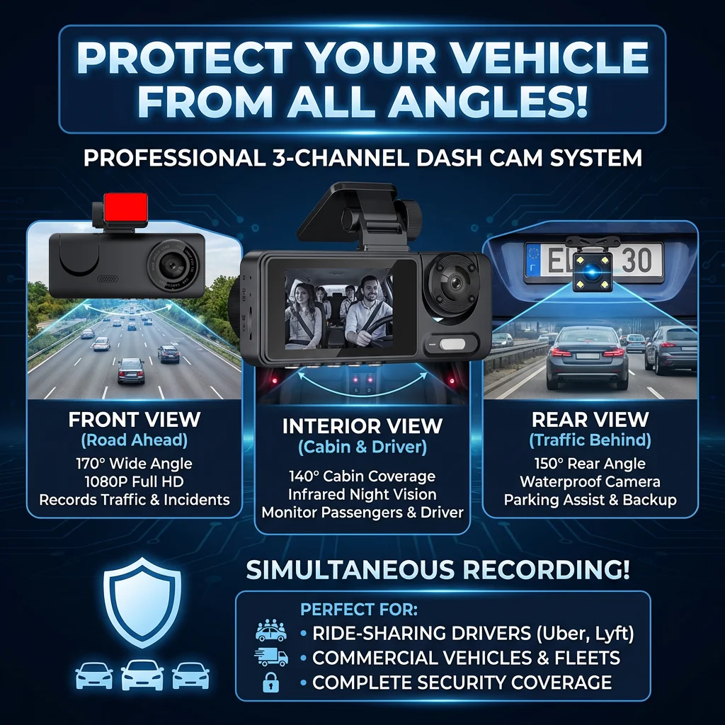 CDDRS 3 Channel Dash Cam with 1080P Front and 480P Inside/Rear Camera 2.0