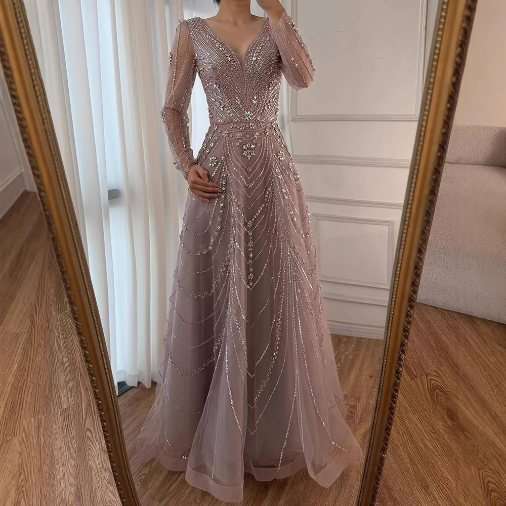 Luxury Pink V Neck Long Sleeve Beaded A Line Evening Dress 2025 Formal Gown  for Women Party Serene Hill LA73114 Customize - AliExpress 320
