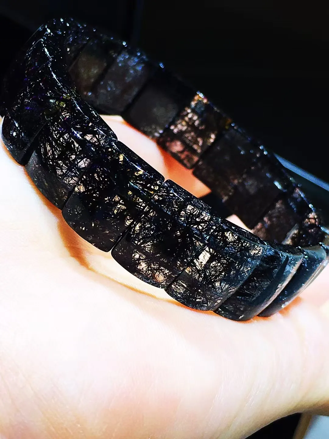 Natural Black Rutilated Quartz Clear Rectangle Beads Bracelet 14.2x9.9x5mm Women Men 12mm Rare Brazil Genuine Rutilated AAAAAA