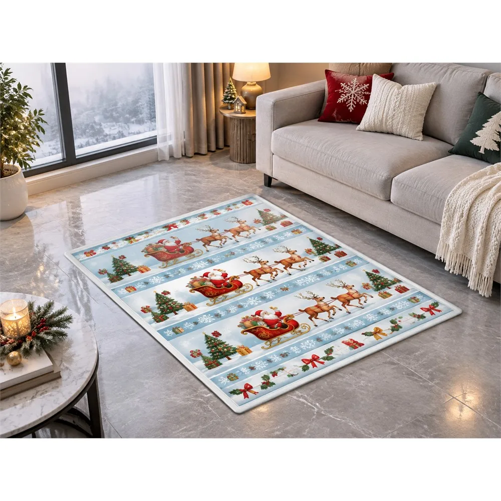 VIKAMA Christmas Ice Blue Sleigh Flannel Door Mat, Memory Foam Anti-Slip Mat, Christmas Decor for Playroom, Front Porch