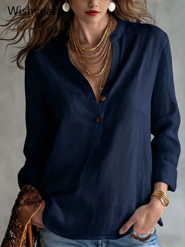 Stylish Office Work Women Light Blue Linen Look Shirt Stand Collar Half Placket Long Sleeve Loose Summer Tops Casual Blouse