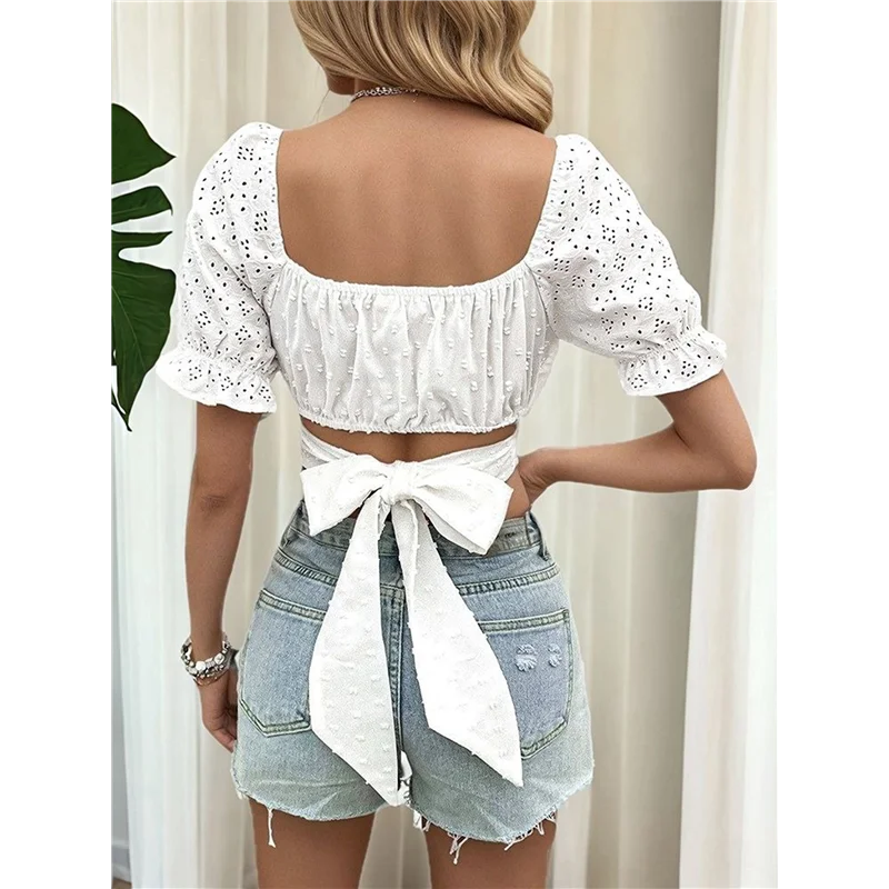 

Womens Tops Eyelet Embroidery Puff Sleeve Frill Trim Crop Blouse