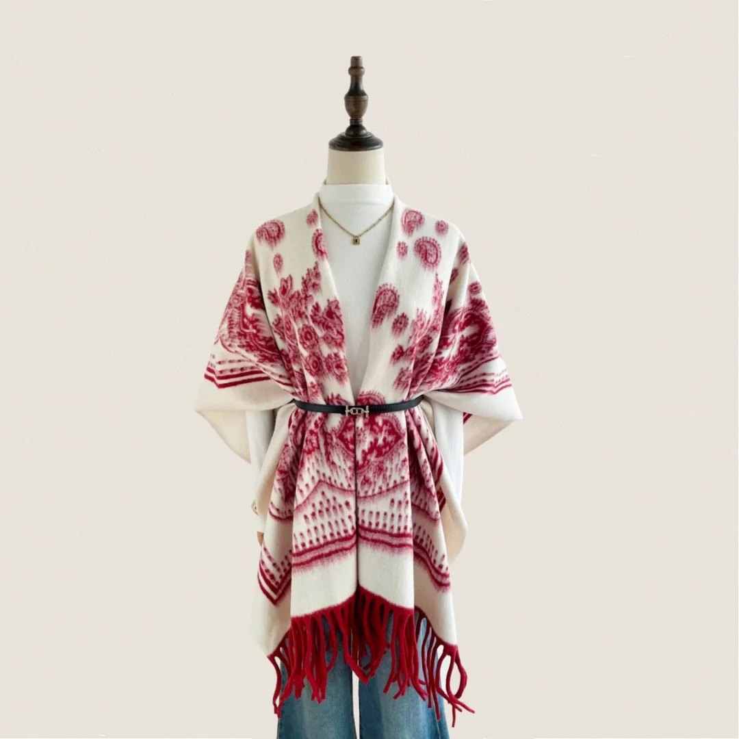Luxury Paisley Fringed Cape Shawl Women Autumn Winter Thick Imitation Cashmere Open Front Oversized Outerwear Wrap Travel Wear