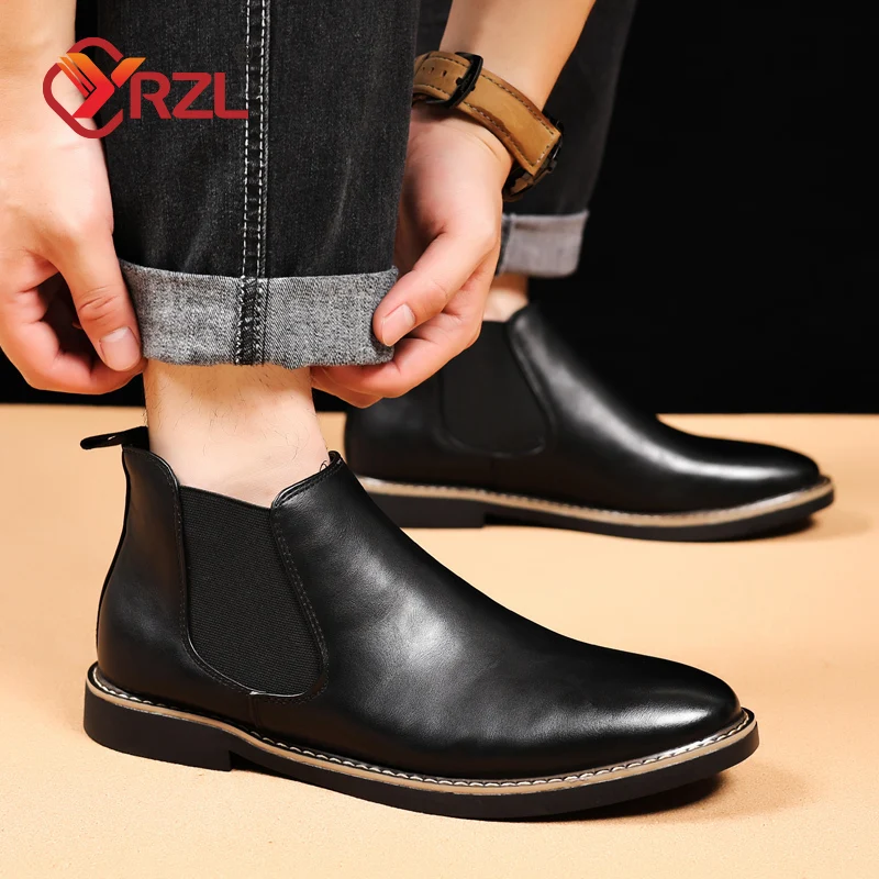 YRZL Men Boots 39~47 Chelsea Boots Brand Retro Comfortable PU Leather Waterproof Ankle Boots 2024 Fashion Black Brown Mens Boot