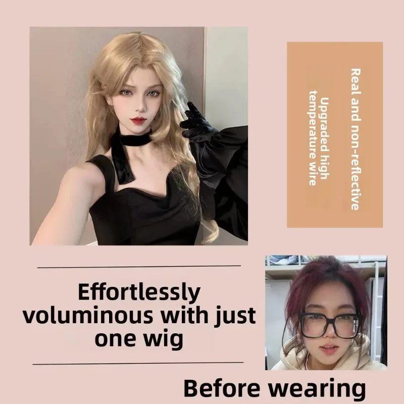 วิกผมปลอมสำหรับผู้หญิง สีทองอ่อน ผมยาวหยิก  แบบจำลองหนังศีรษะ ลอนใหญ่  แบบนักสืบโคนัน  แบบคลุมเต็มศีรษะ