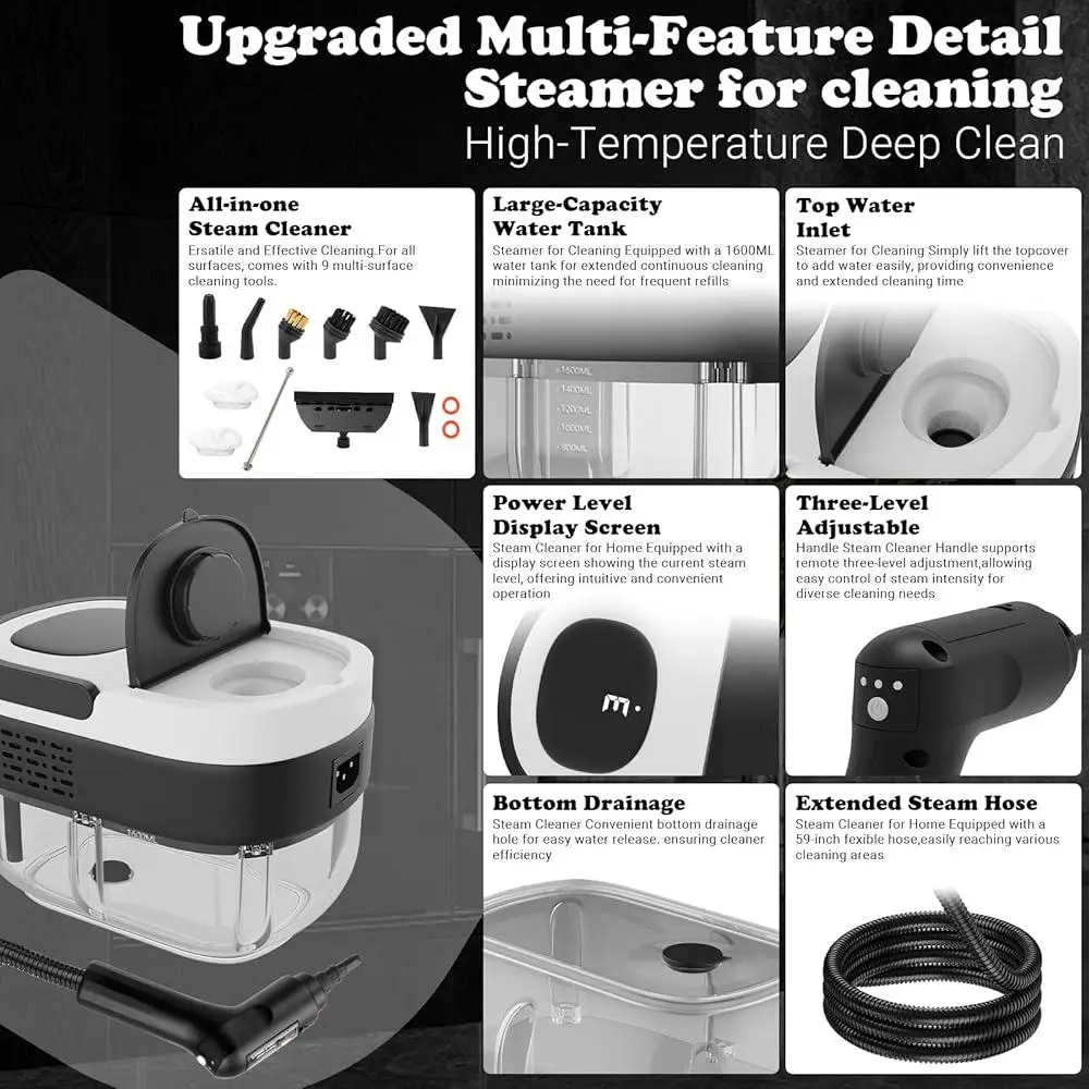 منظف البخار المحمول 15s تسخين 3 مستويات مقبض قابل للتعديل ارتفاع ضغط 1500 واط مع 10 ملحقات التنظيف العميق سيارة المنزل