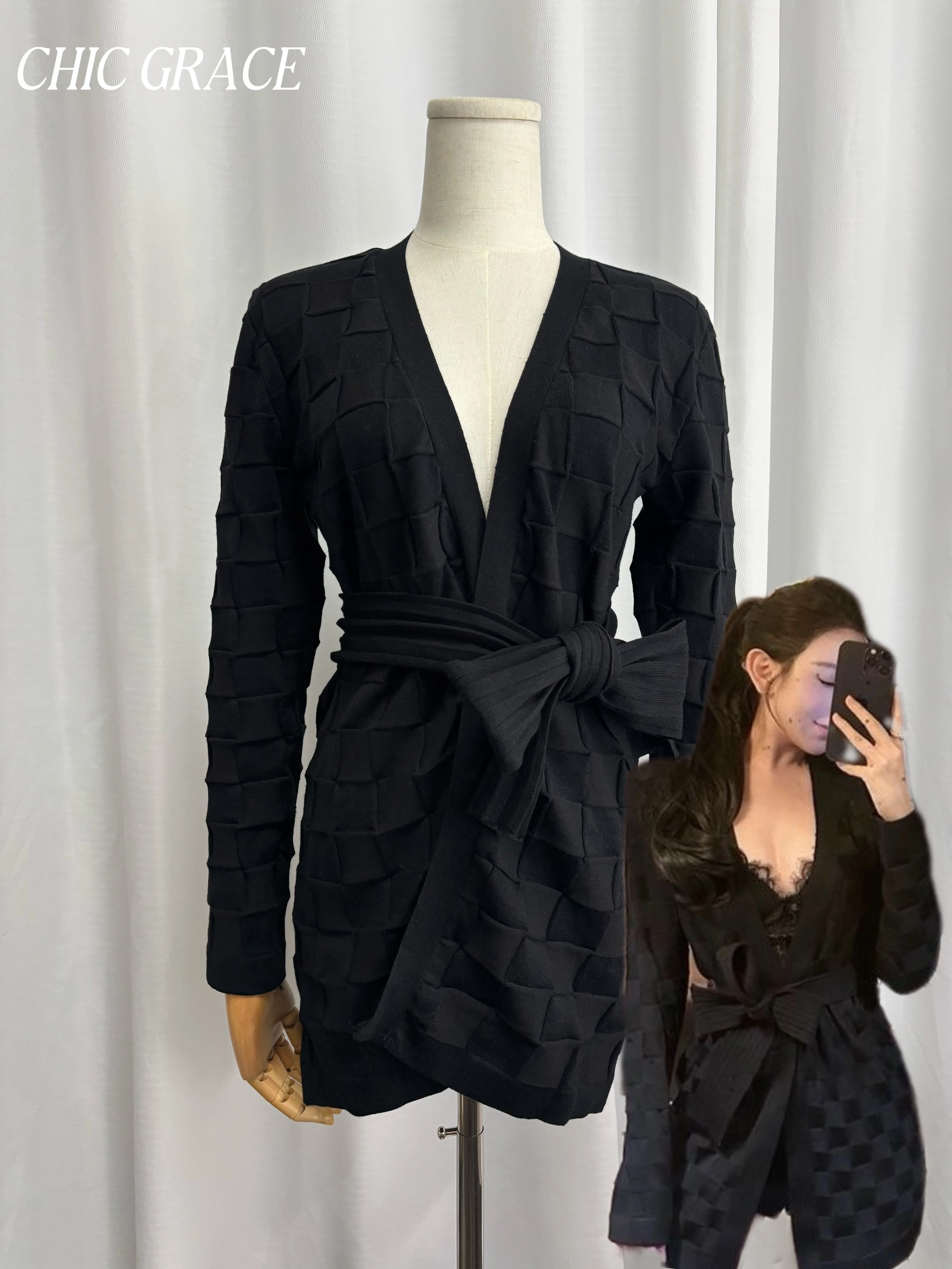 Vintage Elegant Checkerboard Knit Cardigan for Women, Padded Shoulder Design, Structured Autumn New Outerwear, Retro Chic Long S