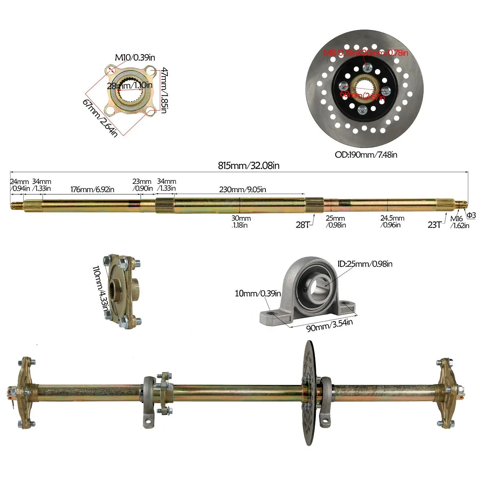 High-quality 810mm Drift Trike Go Kart Rear Axle Kit Complete for 6