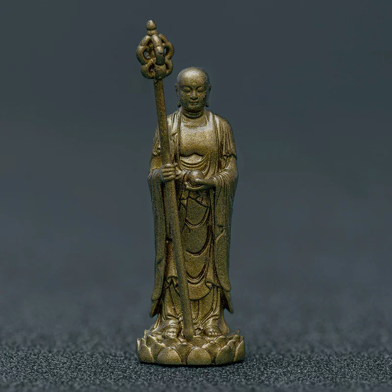 Ksitigarbha Bodhisattva Statue, Portable Brass Dizang Figurine, Buddhist Monk Altar Decor for Home Office, Compact Blessing Gift