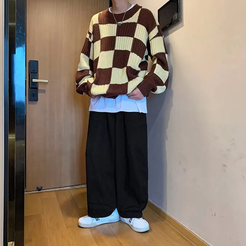 เสื้อสเวตเตอร์ผู้ชายไซส์ใหญ่สำหรับฤดูใบไม้ร่วงและฤดูหนาว ให้ความอบอุ่น แขนยาว คอกลม ถักนิตติ้ง ดีไซน์แบบญี่ปุ่น สไตล์เบสบอล