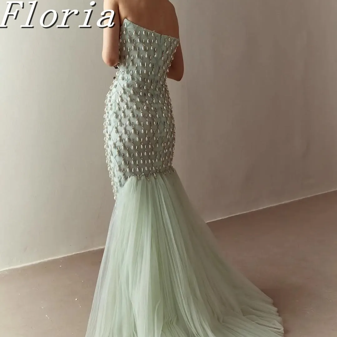 โมเดิร์น Mint สีเขียวคริสตัลไข่มุก Mermaid ชุดราตรีประดับด้วยลูกปัดปิดไหล่ชุดปาร์ตี้กวาด Tulle รถไฟที่กําหนดเอง