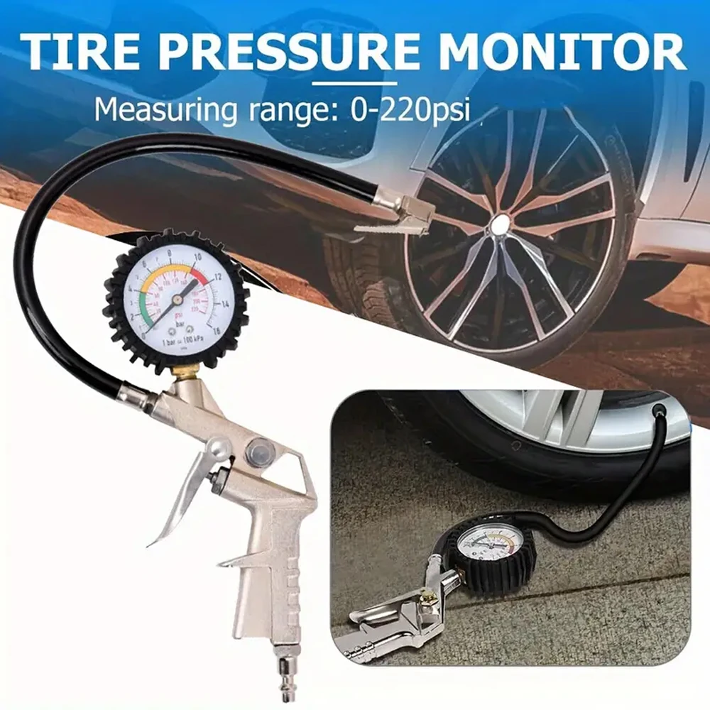 220PSI Car Motorcycle Multifunctional Tire Air Pressure Monitoring Gauge Tester Air Compressor Dial Meter Inflator Pump Tools