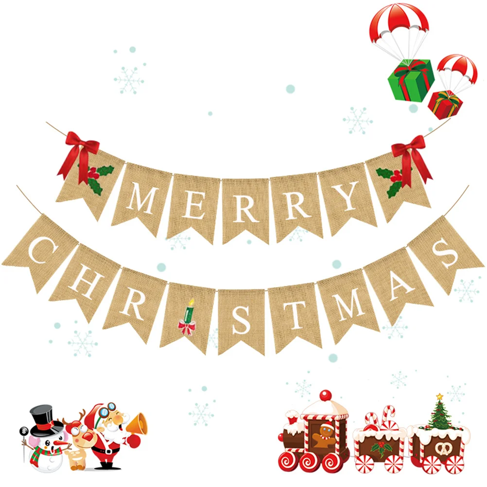 

Christmas Swallowtail Burlap Banner Linen Material Red Bowknot Christmas Party Garland Bunting Decoration Supplies