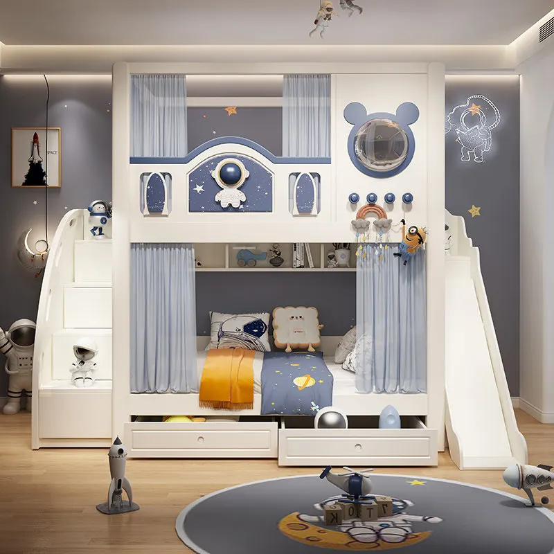 Blue Creative Multifunctional Wood Bunk Bed Children's Bed Boy Cartoon Bunk Bed Light Luxury Design