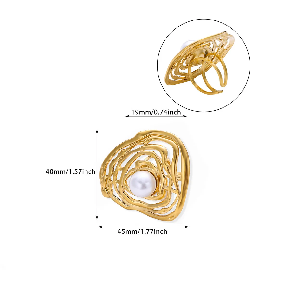DIEYURO 316L Stainless Steel Golden Geometric Hollow Dream Catcher Texture Inlay Pearl Opening Ring Lady Classic Jewelry Gift