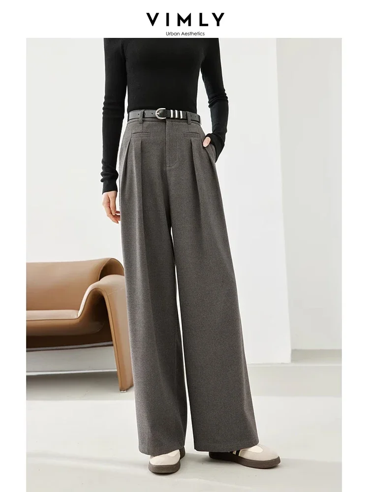 Vimly Wide Leg Thicken Woolen Dress Pant for Women 2023 Winter High Waist Baggy Pants with Leather Belt Woman Trousers 16323