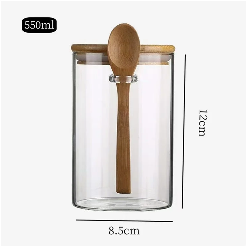 

A7THK-Decorative Round Glass Storage Jars With Spoons, Transparent Sealed Small Container Bottles