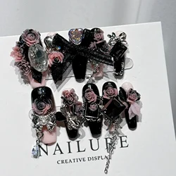 10Pcs High Quality Y2K Handmade Press On Nails Black pink Sweet Cool Style Butterfly And Flowers Wearable Artificial False Nail