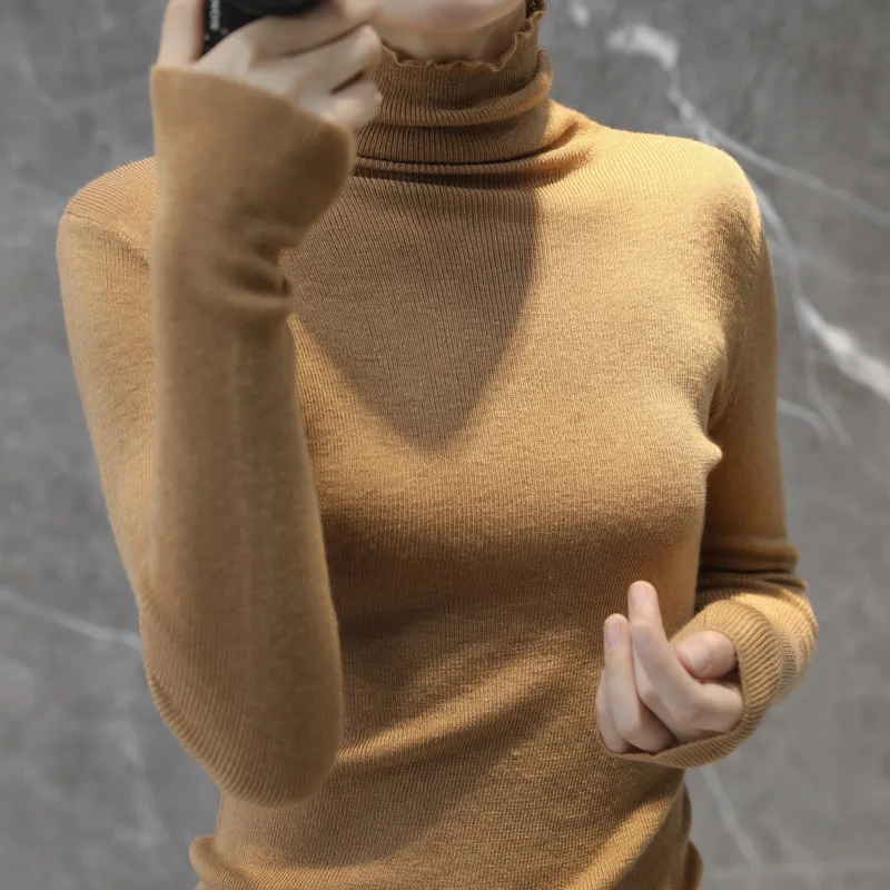 Women\'s Turtleneck Knitted Cashmere Sweater Ultra-thin Pile Neck Sweater Wool Knit Pullover Fashionable Solid Ribbed Pullovers