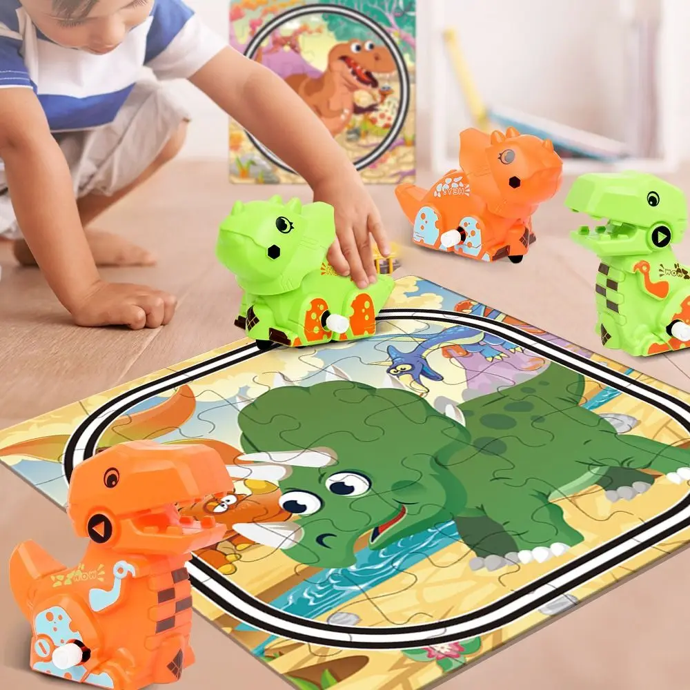 Plastikowe torowe samochody dinozaury, zabawki puzzle, zabawki Montessori dla dzieci, samochody bez napędu, plansza do gier, DIY, tor kolejowy do samodzielnego montażu, puzzle.