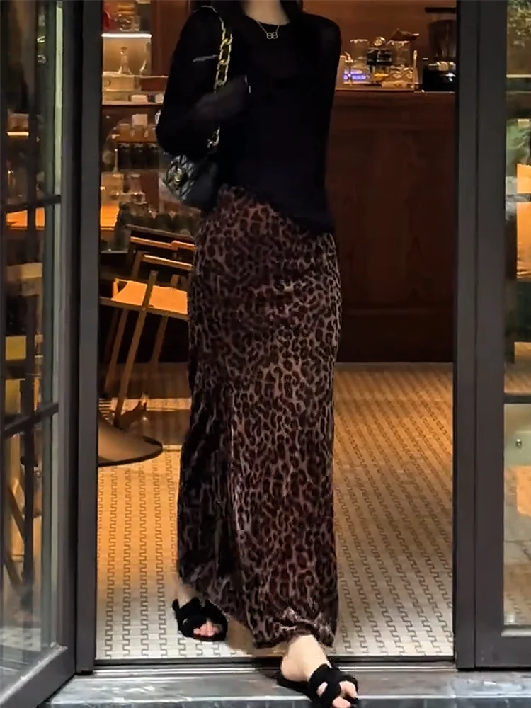 

Американская длинная юбка с леопардовым принтом, завышенной талией и эффектом похудения, струящаяся, для осеннего сезона, новинка