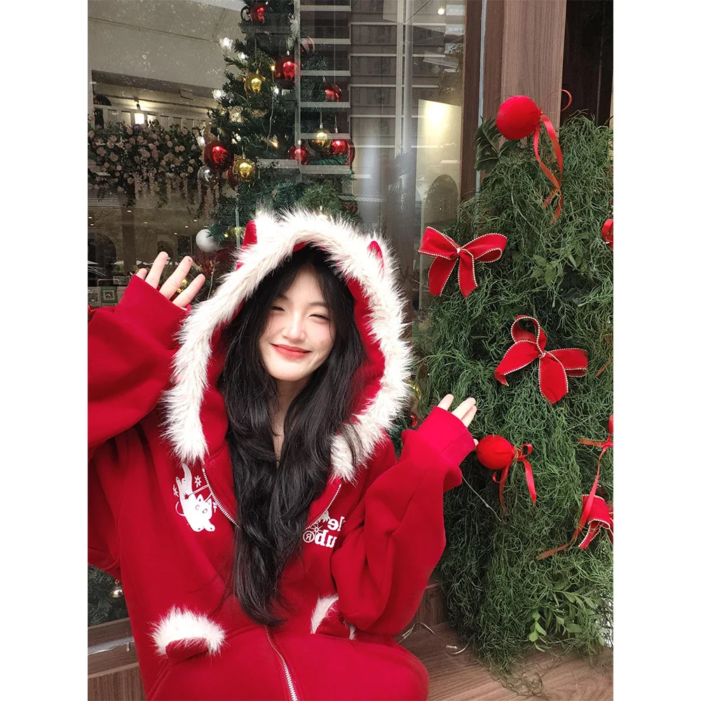 Cisas Aosphere Lazy Sle Printed Sweatirt Women's Slimming Warm Loose Long Hoodie Korean Version Couples Wear