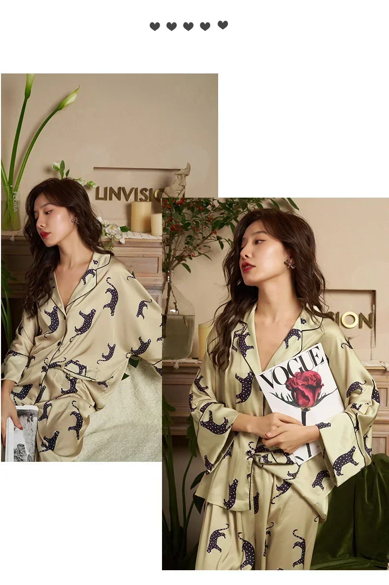 Leopard print bat sleeve ice silk women's pajamas simple and natural thin satin surface women's printed pajamas home clothing