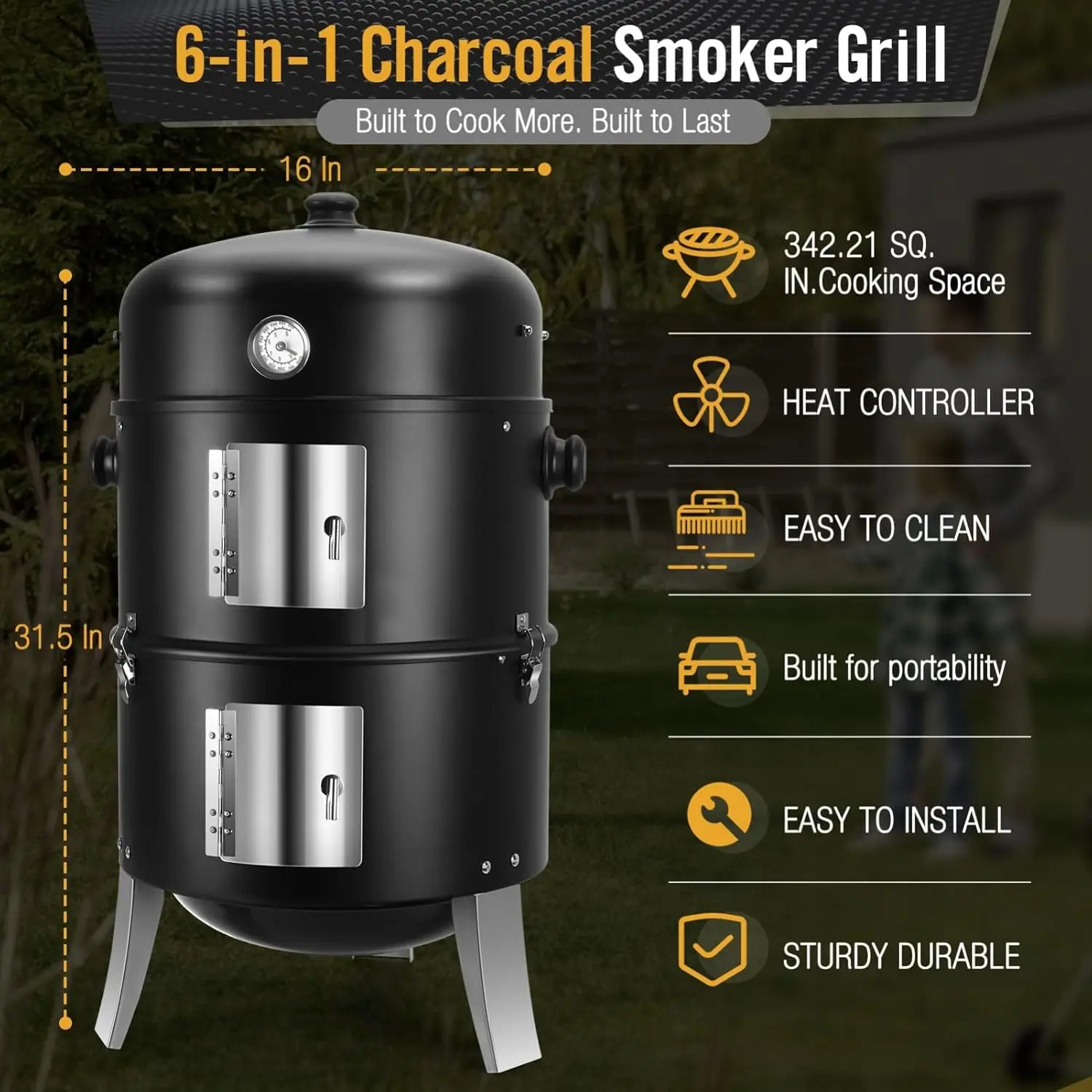 Outdoor Cooking, Patio, Backyard, Picnic, Party, Metal, No Color Mentioned, 4-in-1 Heavy Duty Charcoal Grill and Smoker Combo
