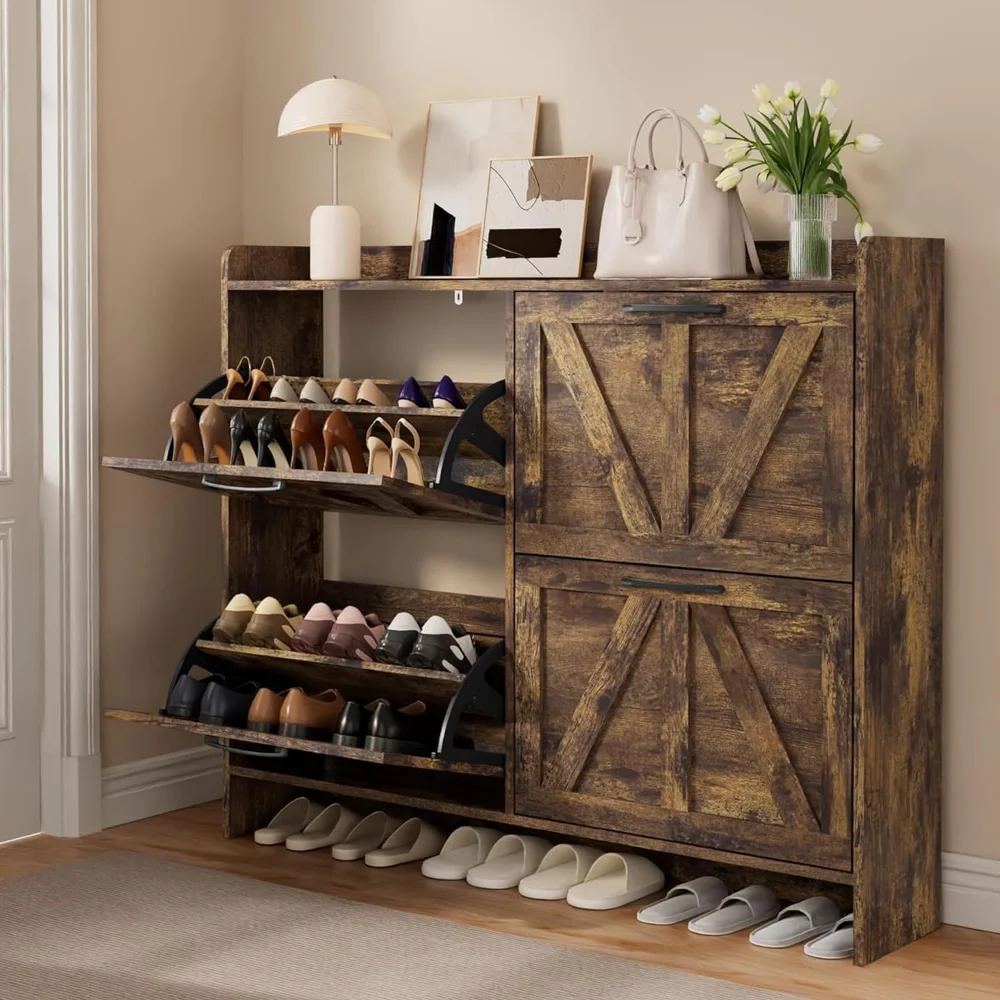 

Shoe Storage Cabinet with 4 Flip Drawers, Freestanding Hidden Shoe Cabinet with Wooden Legs & Black Metal Handle for Entryway