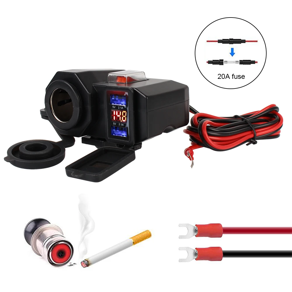 5V 2.1A Adapter Power Supply Dual USB Port Cigarette Lighter Socket Digital Display Motorcycle Handlebar Phone Charger 6