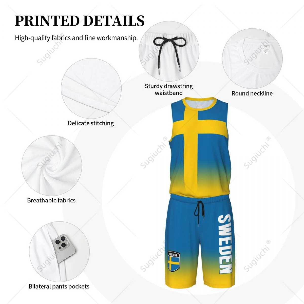 Heren Zweden Vlag Basketbal Jersey Set Mesh Shirt & Broek Mouwloos Exclusief Team-up Aangepaste Naam Nunber Unisex