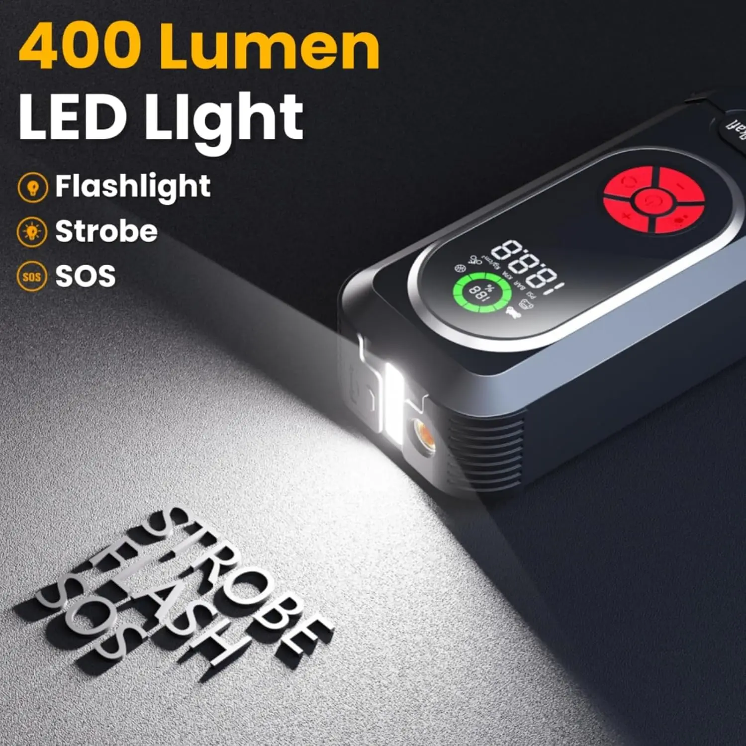 كاتب قفز للسيارة 4000 أمبير مع ضاغط هواء، منفاخ إطارات 150 رطل لكل بوصة مربعة، شاشة LED وإضاءة، بنك طاقة محمول