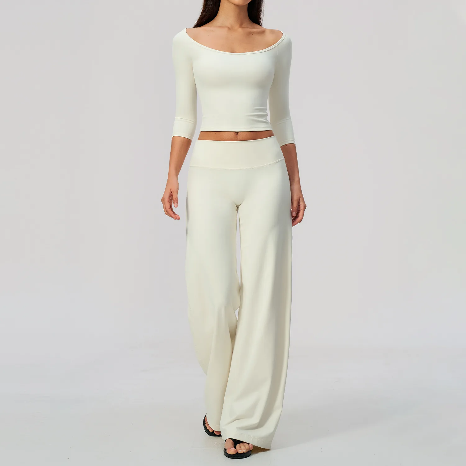 Cloud Feeling Sanded Yoga Set Off Shoulder Cropped Sports Top High Waist Wide Leg Pants Tracksuit Workout Fitness Running Suit