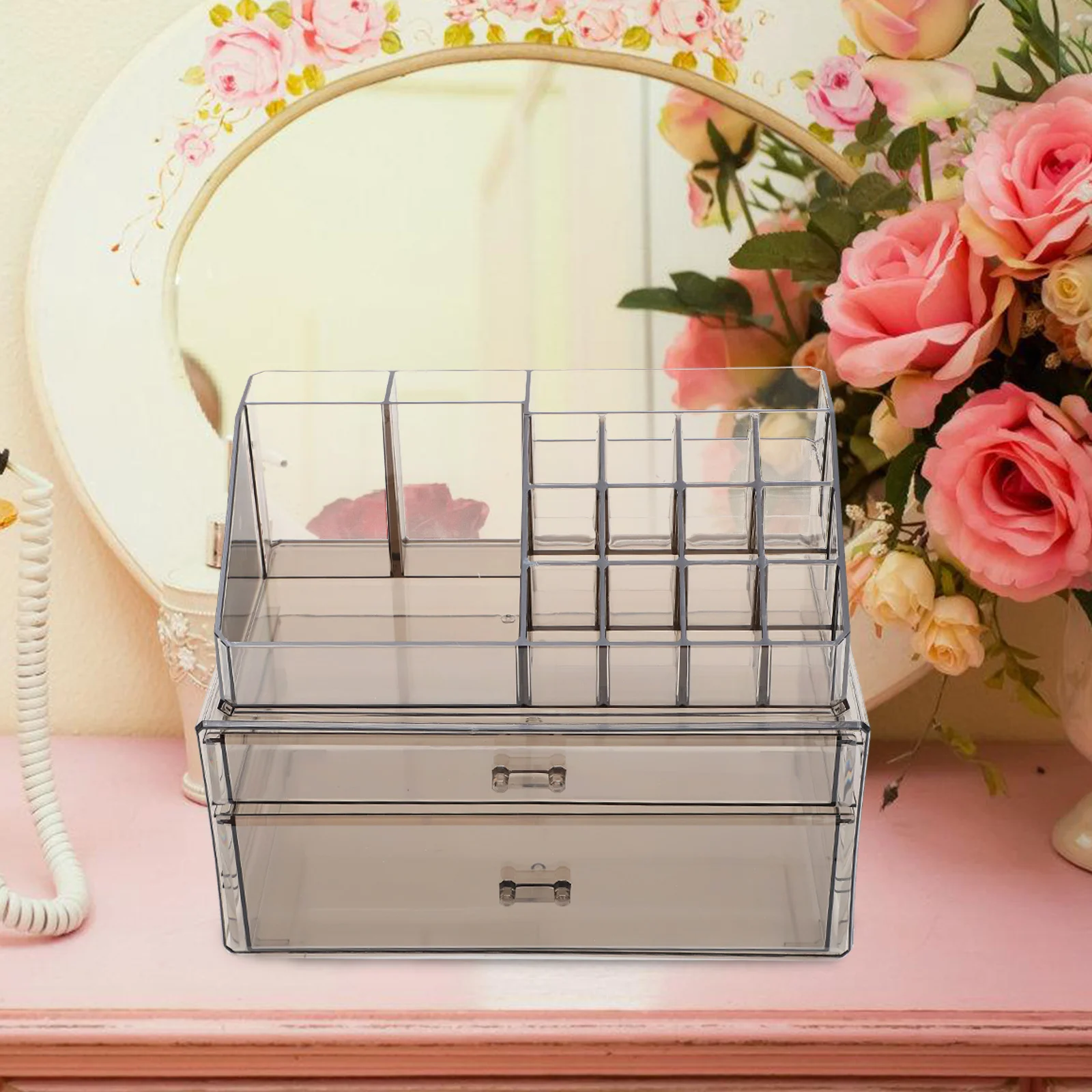 

1Set Transparent Makeup Organizer Multifunction Desk Organizer with Drawers for Cosmetics Jewelries Vanity Tray Desktop Storage