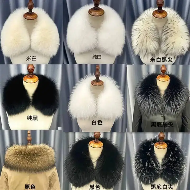 Winter Real Fur Collar Neck Warm Raccoon Fur Scarf Shawls Women Winter Parkas Coat Jacket Hood Fur Decor Collar Furry Scarves view 5