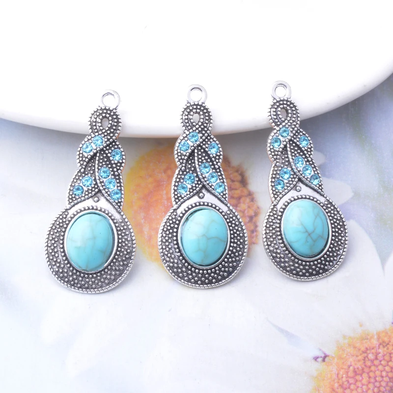 10 Stück/Set Böhmische Antik-Silberfarbene Unregelmäßige Anhänger mit Blauem Stein für DIY-Ohrringe Metallschmuckzubehör – Detail 3