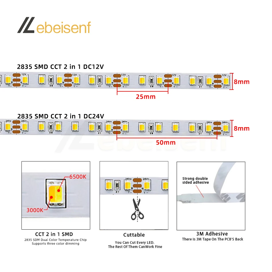 2 w 1 podwójny kolor 2835 SMD ct LED Strip 12V 24V 120LED/M niewodoodporny elastyczna lampa Bar 5m/roll 6000K 4000K 3000K ciepły biały