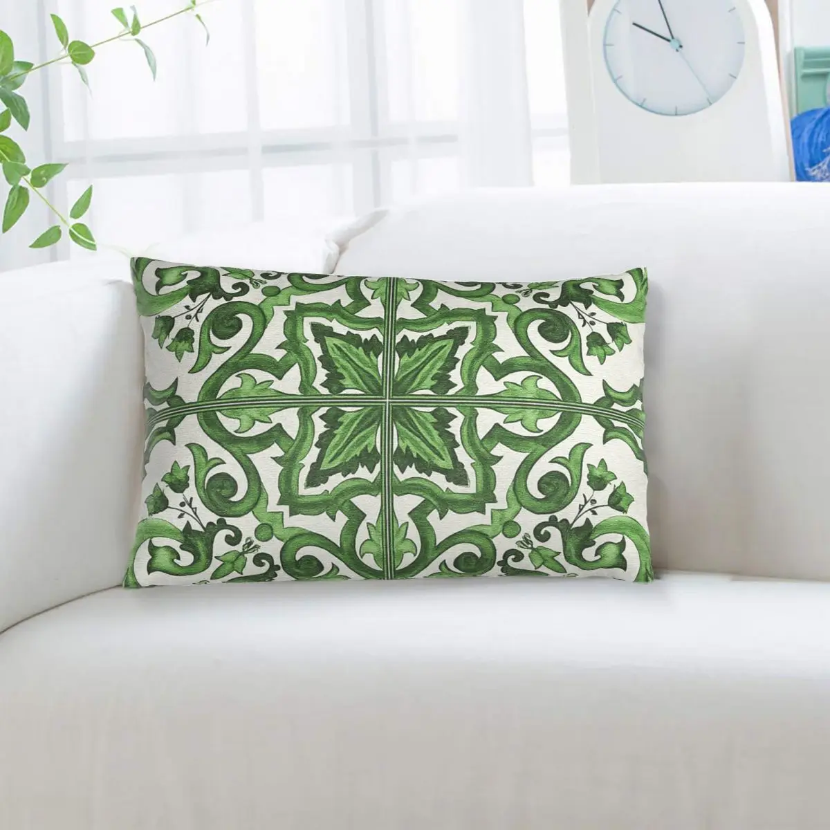 Green Ornate Floral Mediterranean Sicilian Tile Rectangle Pillowcase Cushion Cover Decor Bedroom Bed Home Comfort Throw Pillow