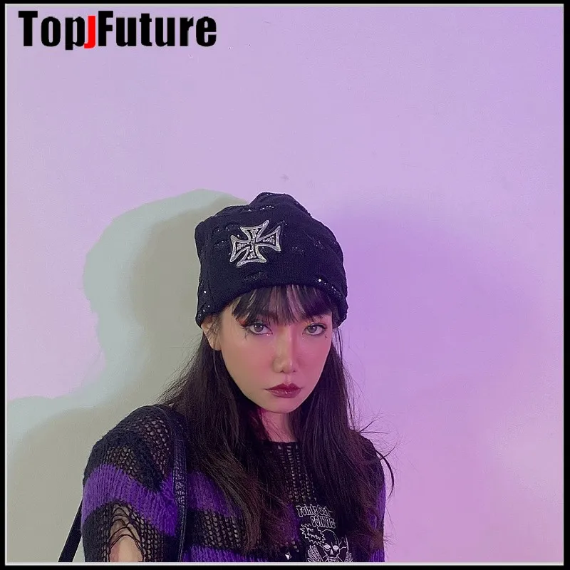 Harajuku japonês kawaii preto desgastado buraco bling bling cruz chapéus para mulheres menina inverno quente lambswool bonito gorro bonés