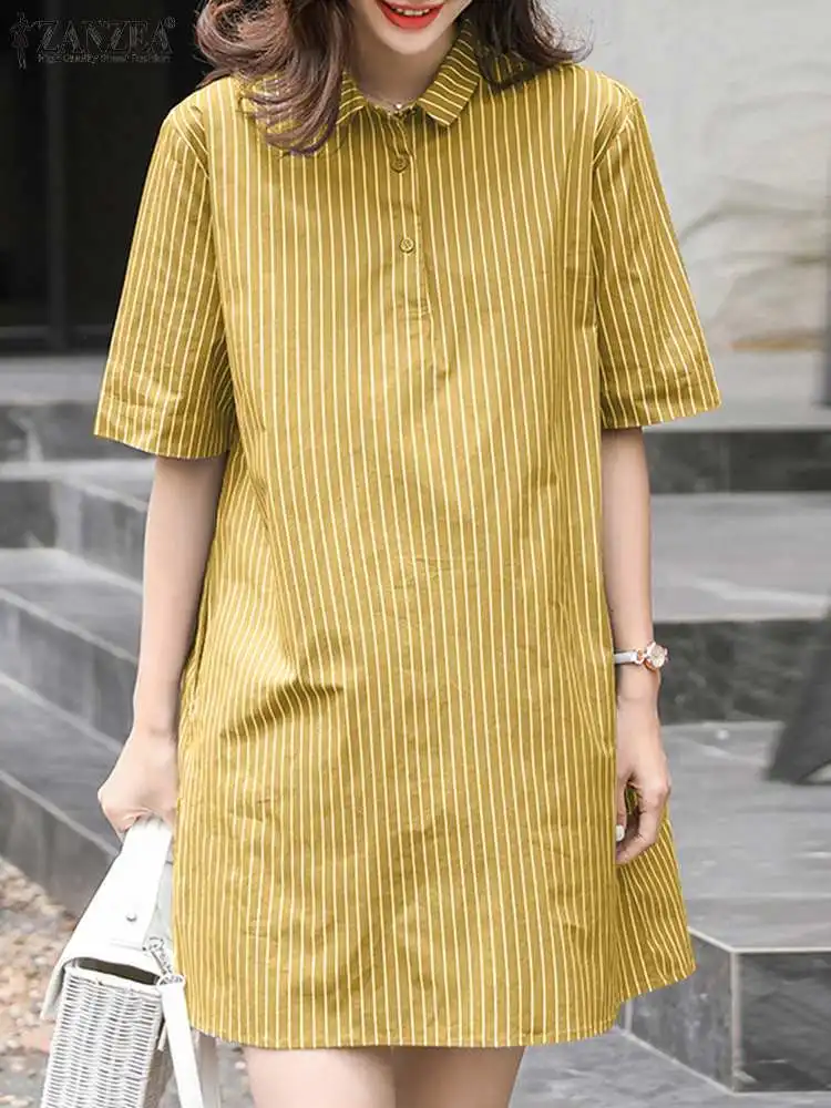 ZANZEA Summer Casual OL Shirtdress Women Fashion Stripe Printed Dress Short Sleeve Lapel Neck Vestidos Elegant Work Sundress