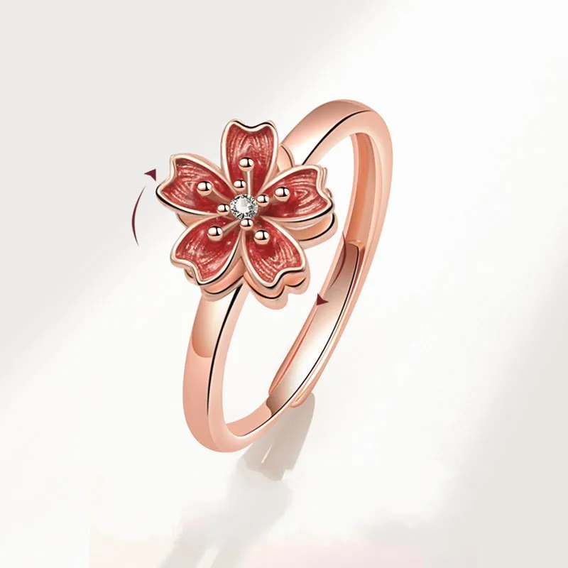 Anxiety Fidget Sakura Flower Spinner Ring Anti Stress Rotatable Joint Jewelry Ladies Wedding Anniversary Rings Gifts Accessories