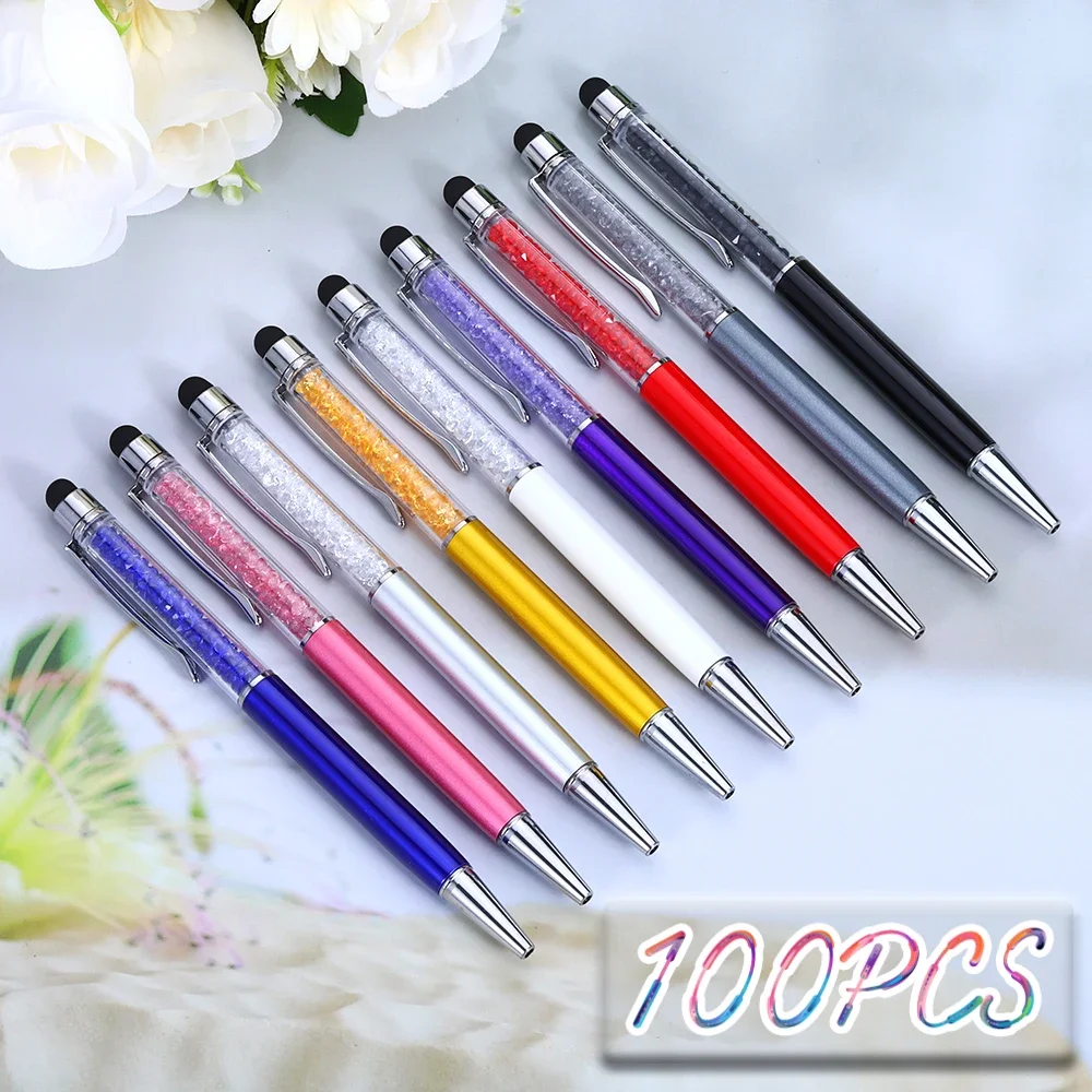 

100pcs/lot Crystal Stylus Pen Diamond Ballpoint Pens Stationery Ballpen 2 in 1 Crystal Touch Screen Pen for Capacitive Screen