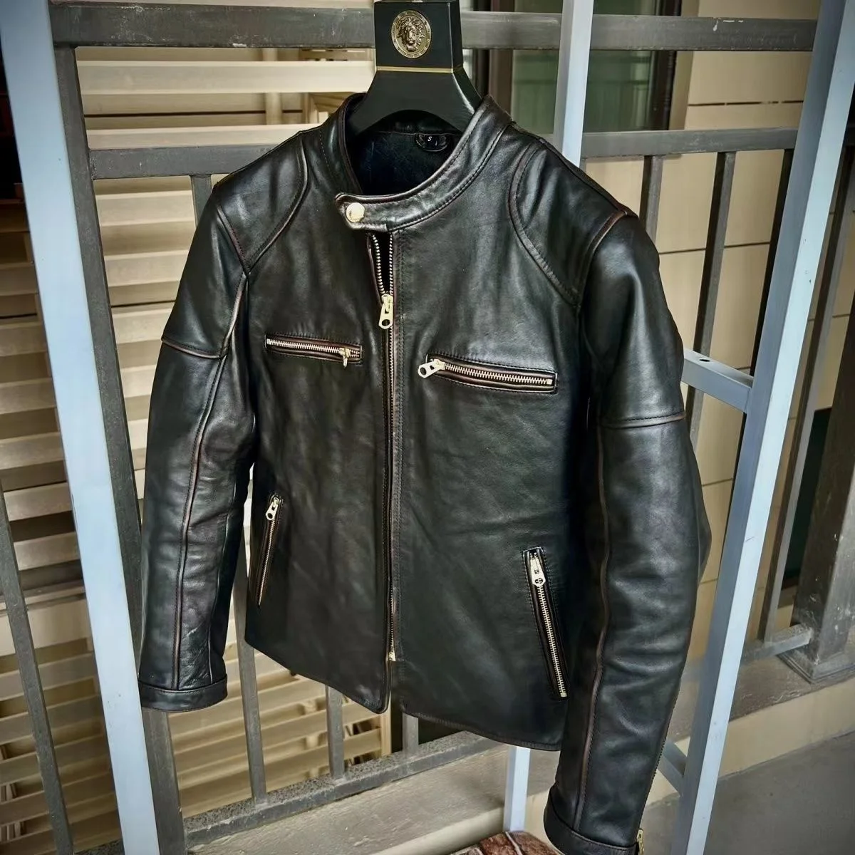 Motorcycle Style Vintage Black Spring Leather Jacket Men Stand Collar Plus Size 4XL Natural Horsehide Slim Fit Biker Coat