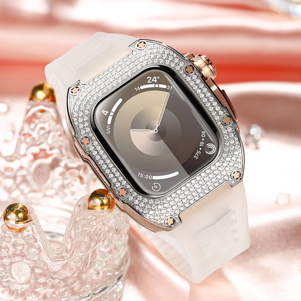 Mod Kit for Apple Watch s9 8 7 41mm Luxury Titanium Diamond Inlaid Accessories Apply to  s6/5/4 SE 40mm Case and white band