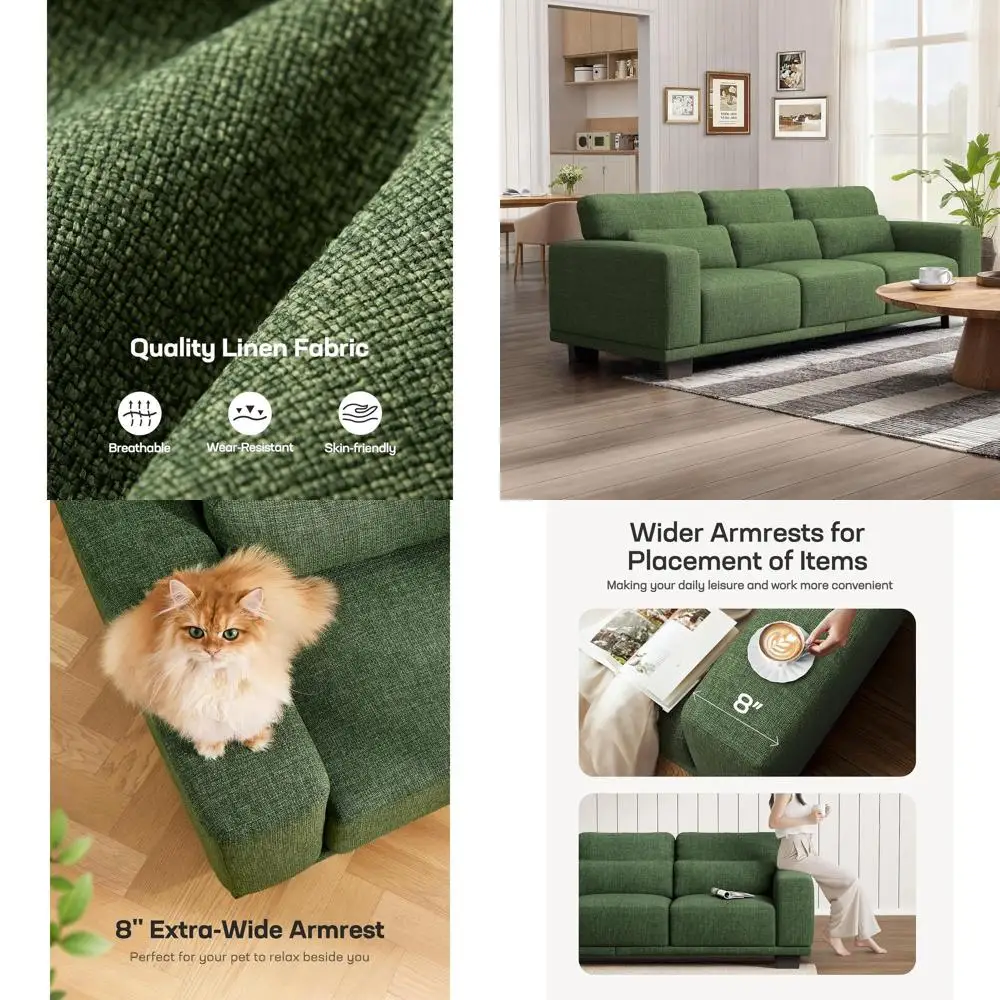 89 Inch 3-Seat Deep Seating Linen Upholstered Comfort Couch for Living Room, Bedroom, Office, Green