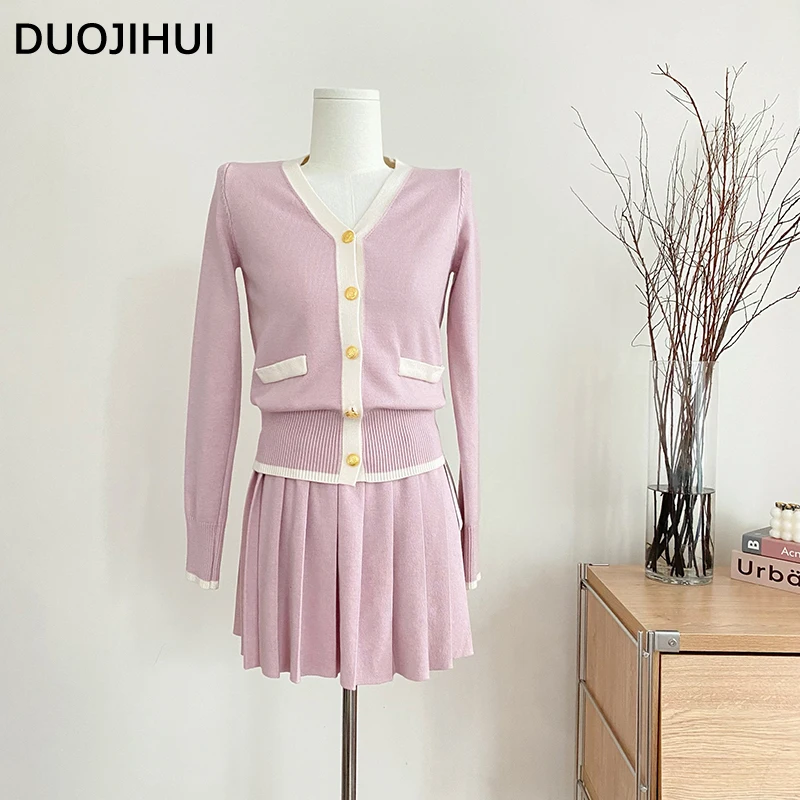 DUOJIHUI Two Piece New Loose Casual Knitting Female Skirts Elegant V-neck Cardigan Basic Solid Color Simple Fashion Women Skirts