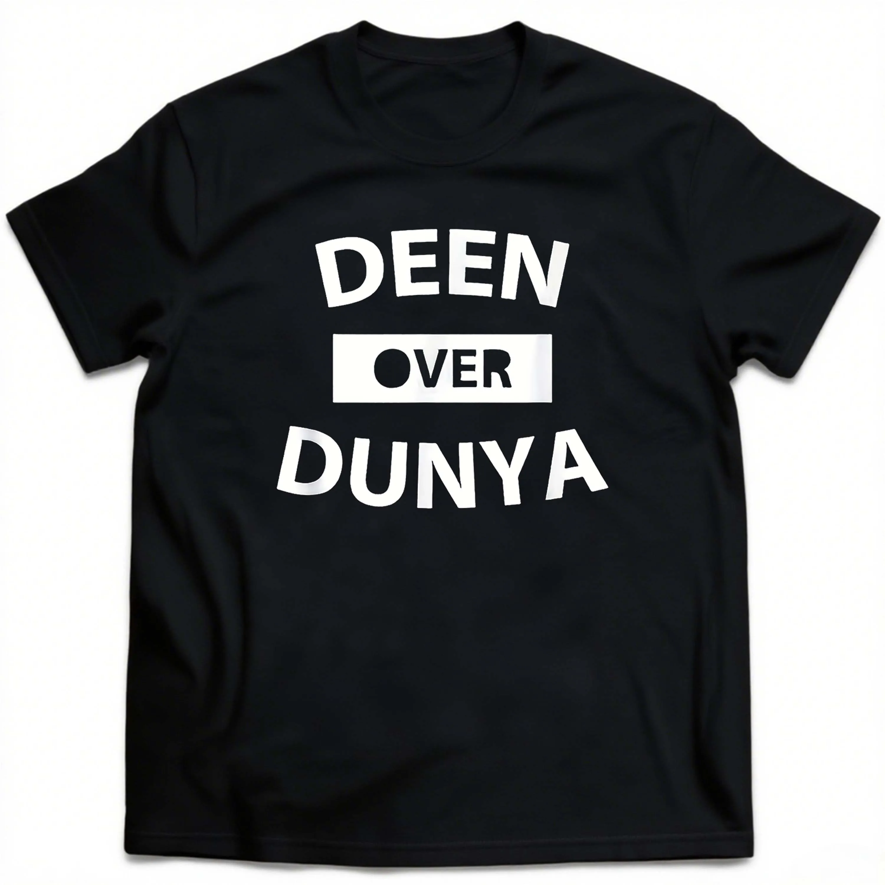 T-Shirt Lengan Pendek Hitam Ukuran Besar Dengan Desain Huruf Putih “Deen over Dunya” Cocok untuk Pakaian Santai Luar Ruangan di Musim Panas