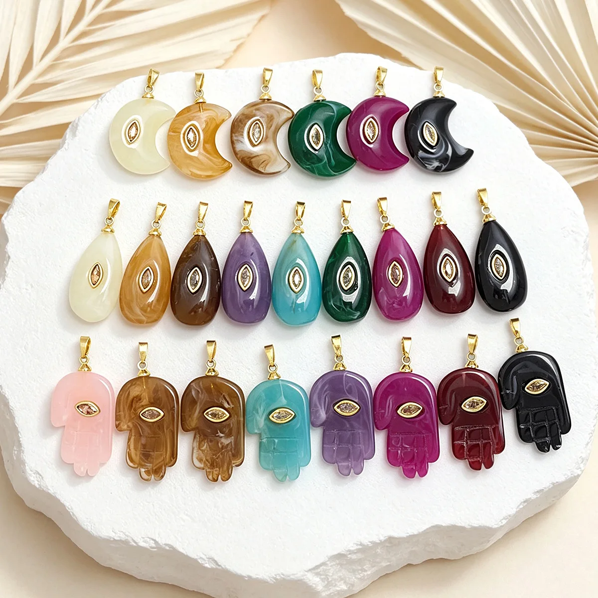 Hamsa Hand & Evil Eye Resin Pendant Gold Plated Multi-Color Stone-Look Charm for DIY Necklace Jewelry Making Healing Amulet Gift