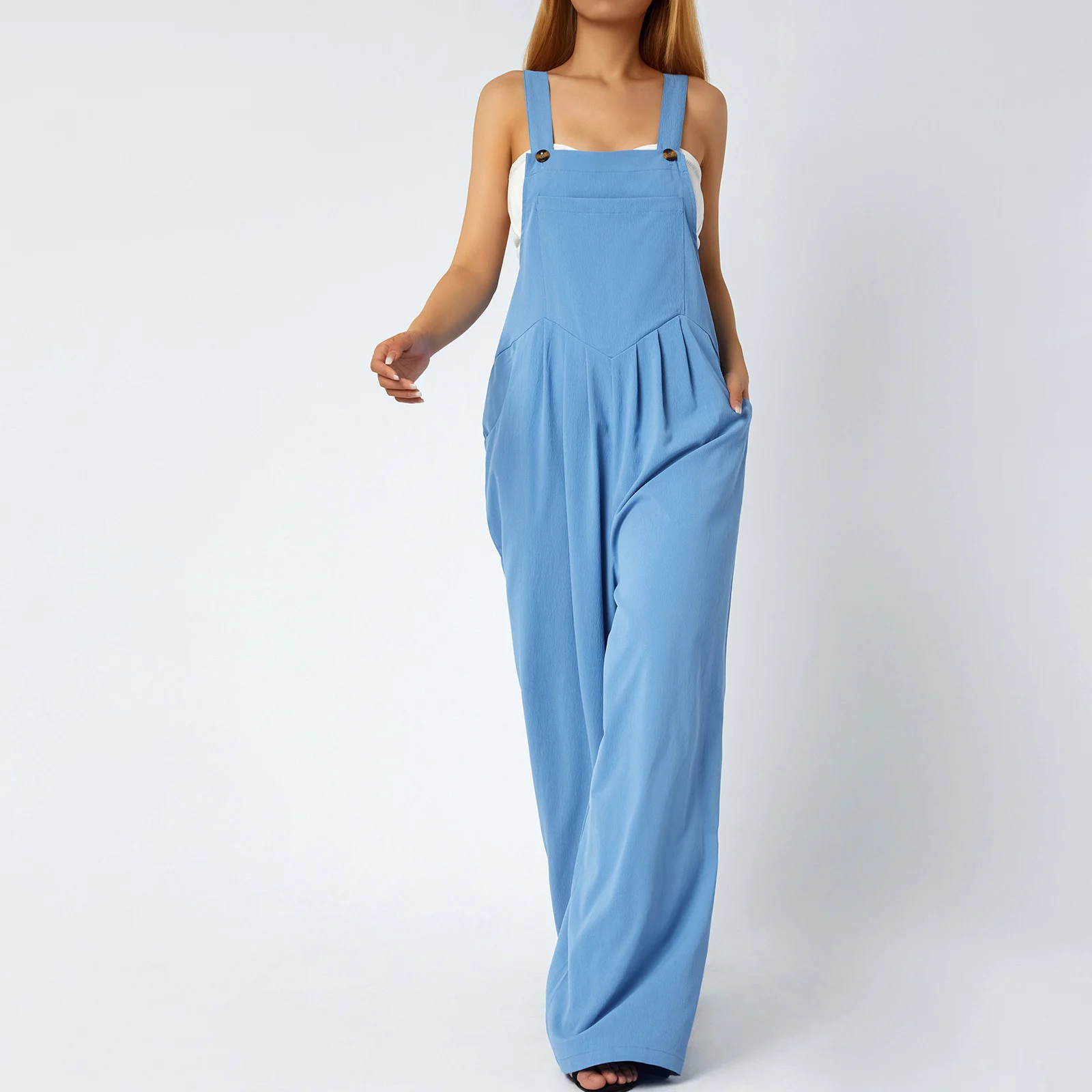 Women Casual Loose Sleeveless Jumpsuits Solid Color Long Baggy Pants Wide Leg Full Length Rompers with Pockets