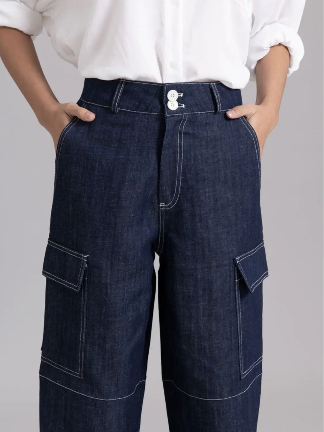 

Spring Autumn Female Dark Blue Jeans,Casual Women Multi-pocket Straight Cargo Denim Pants